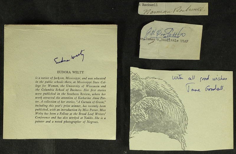 COLLECTION - 4 Signatures incl DOOLITTLE, WELTY: Collection: Four cut signatures, James H. Doolittle (1896-1993) Aviator. 2 ½” x 1 ½” cut signature, “J. H. Doolittle,” above his typed name, Jane Goodall (1934- ) British primatologist. 4 ¼