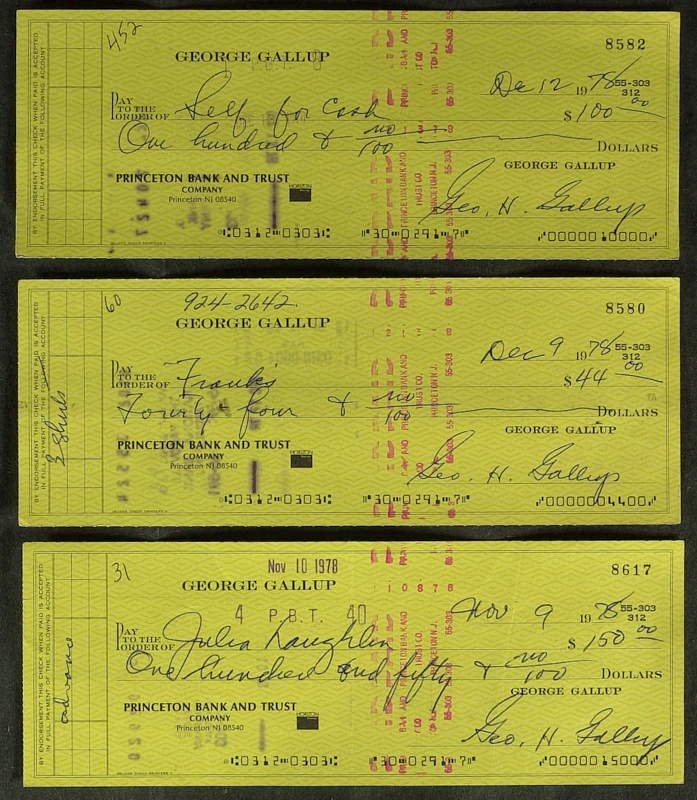 Pollster GEORGE GALLUP - Three Checks Signed: George H. Gallup (1901-1984) Public-opinion statistician. Gallup became a pioneer in the scientific sampling of public opinion, and his Gallup Poll, as well as other public-opinion polls, gained credi