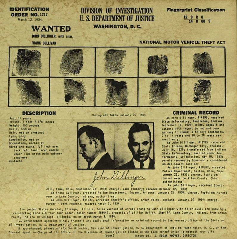 Depression Criminal JOHN DILLINGER - Wanted Poster: (John Dillinger). John Dillinger (1909-1934) Dillinger was the most famous modern American criminal. During the Depression of the 1930s his bank robberies were generally regarded as revenge on society