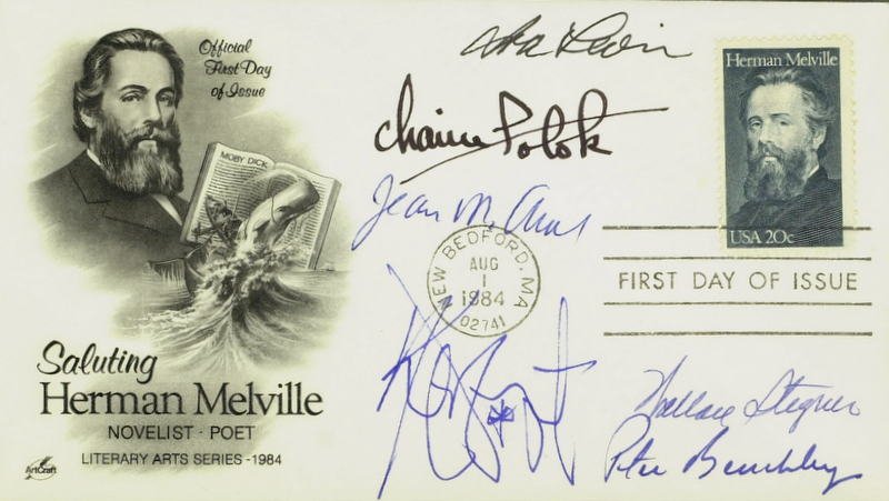 1st Day Cover Signed By 6 - BENCHLEY, VONNEGUT: Authors. First day of issue postal cover with the Herman Melville commemorative and cachet, signed by six authors. Signers are: Chaim Potok (1929-2002), Wallace Stegner (1909-1993), Kurt Vonnegut (192