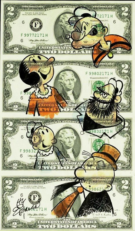 HY EISMAN - Popeye Characters Sketched on $2 Sheet: Hy Eisman (1927- ) Cartoonist. Eisman wrote and drew the Sunday strips The Katzenjammer Kids and Popeye. 6 ¼” x 10 ½” sheet of four two-dollar bills with color sketches of Popeye, Olive Oyl, Swe