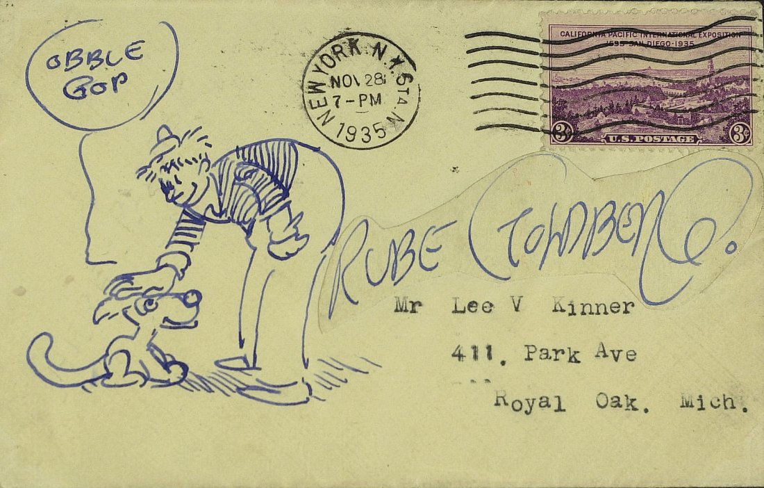Cartoonist RUBE GOLDBERG - Original Sketch Signed: Rube Goldberg (1883-1970) Cartoonist. Goldberg is best known for a series of popular cartoons depicting complex gadgets that perform simple tasks in indirect, convoluted ways. 5 ¼” x 3 ¼” postal