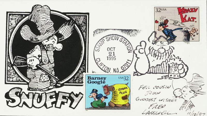Cartoonist FRED LASWELL-Snuffy Smith Sketch Signed: Fred Laswell (1916-2001) Cartoonist. Laswell best known for his decades of work on the comic strip Barney Google and Snuffy Smith. Special postal cover from a 1995 stamp show with a Snuffy Smith cache