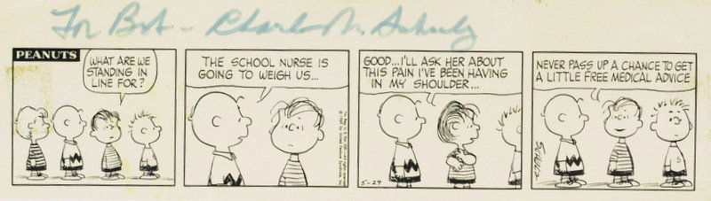 CHARLES SCHULZ - Peanuts Four Panel Proof Signed: Charles Schulz. 8” x 2 ¼” four panel printed proof page of a Peanuts daily comic strip signed, “For Bob – Charles M. Schulz.”