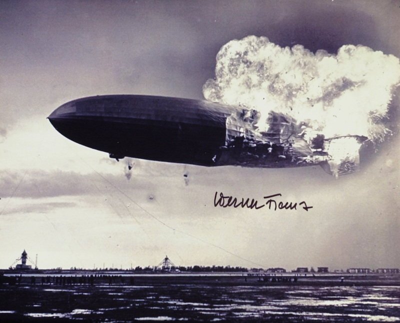 Hindenburg Survivor WERNER FRANZ -2 Signed Photos: Werner Franz (1907- ) Hindenburg survivor. The Hindenburg disaster took place on May 6, 1937, as the German passenger airship LZ 129 Hindenburg caught fire and was destroyed during its attempt to dock