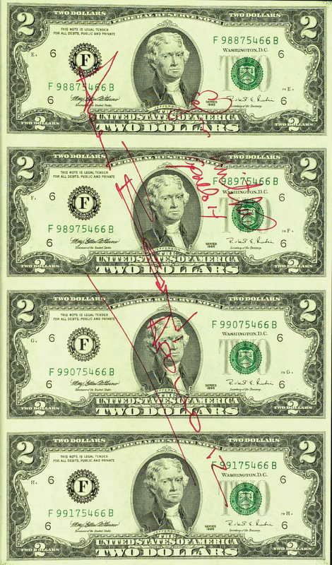 Apollo - Sheet $2 Bills Signed BEAN, MITCHELL: Apollo Astronauts. 6” x 10 ¼” sheet of four two dollar bills signed in red ink by Apollo astronauts Edgar Mitchell “Edgar Mitchell Apollo 14” and Alan Bean “Alan Bean Apollo 12.”