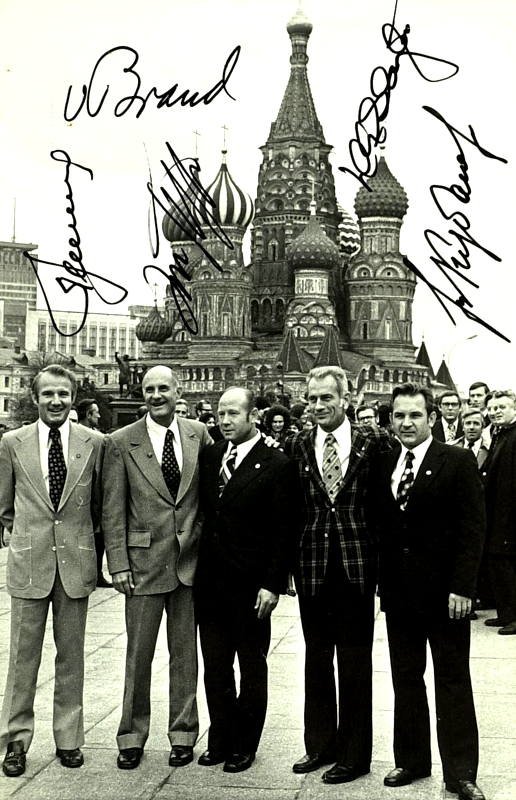Apollo-Soyuz - Red Square Photo Signed By Both Cre: Apollo – Soyuz. The Apollo–Soyuz Test Project in July 1975, was the first joint American.–Soviet space flight, and the last Apollo mission. Its primary purpose was as a symbol of the policy of d