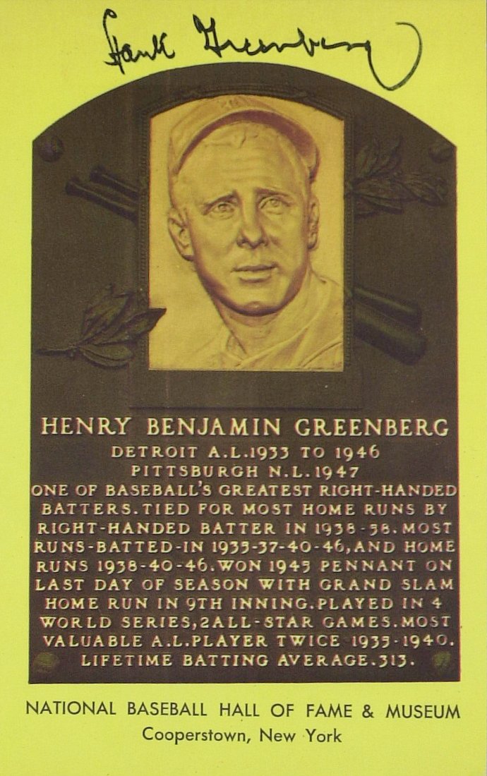 Tiger HOFer HANK GREENBERG - HOF Plaque Card: Hank Greenberg (1911-1986) Greenberg had 331 career home runs, including 40 or more on four occasions. The MVP in 1935, when he drove in 170 runs for the pennant-winning Tigers, the slugging right-han