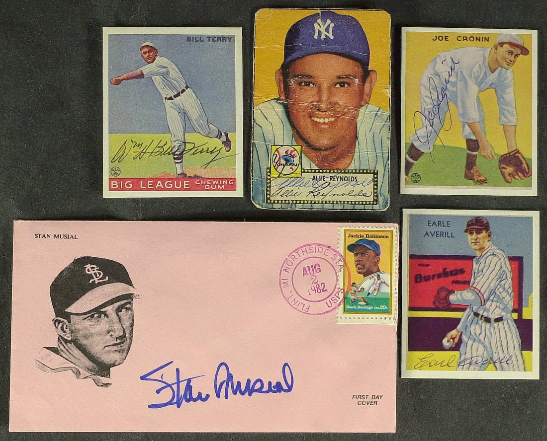 HALL of FAMERS - Ten Signed Items CRONIN, MUSIAL: Hall of Fame Collection. Ten signed items from baseball immortals. The collection includes: Diamond Star trading card signed by Earl Averill, Goudey trading card signed by Joe Cronin, 2 ¾” x 5” m