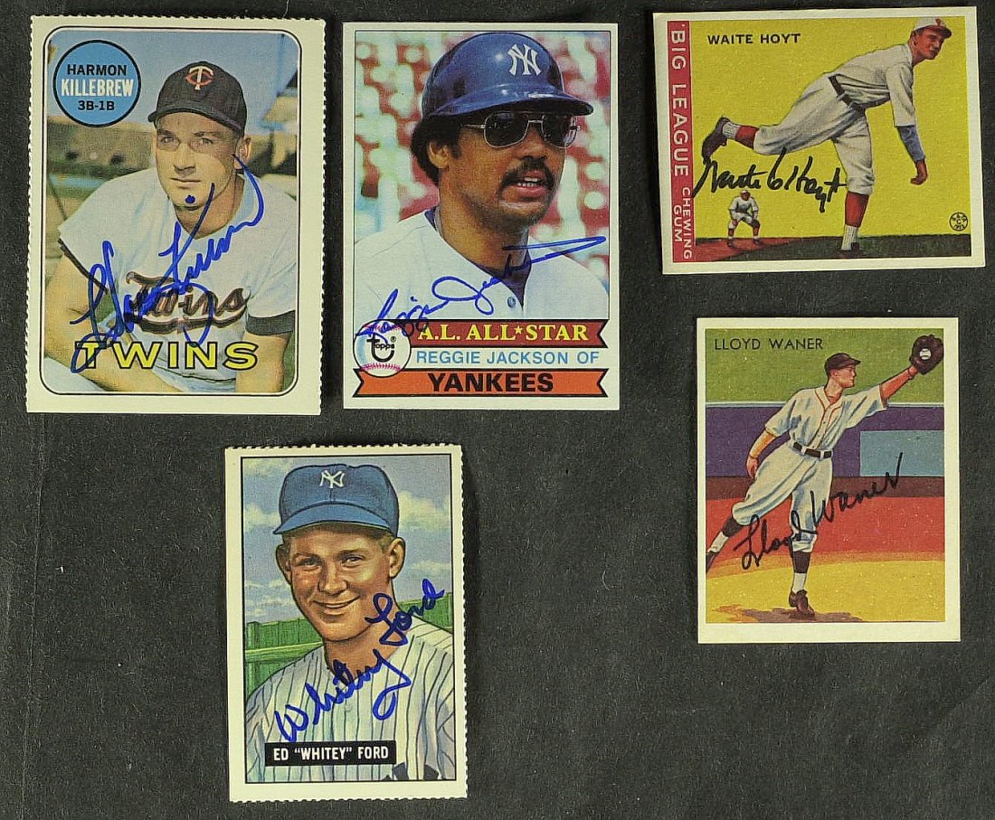 Trading Cards Signed By Five HOFers incl WANER: Trading Cards Signed by Hall of Fame Members. Five trading cards in pristine condition signed by Hall of Famers: Whitey Ford 1951 Bowman, Waite Hoyt Goudey reprint, Reggie Jackson 1979 Topps, Harmon K