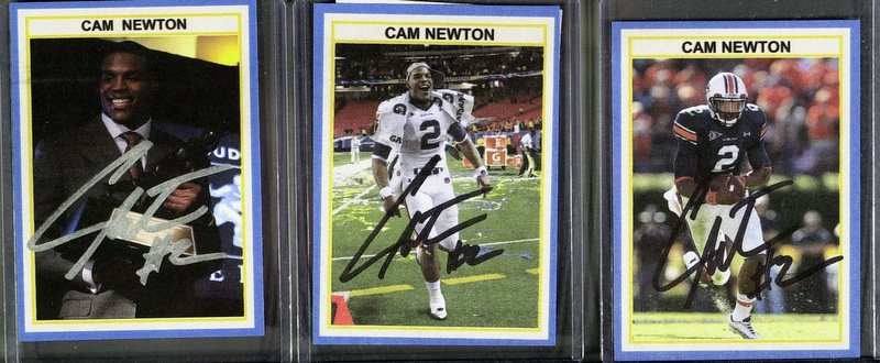 Auburn QB CAM NEWTON - Five Trading Cards Signed: Cam Newton (1989- ) Quarterback. Newton in the quarterback for the Carolina Panthers of the National Football League. He played college football for the Auburn Tigers and was drafted as the first over