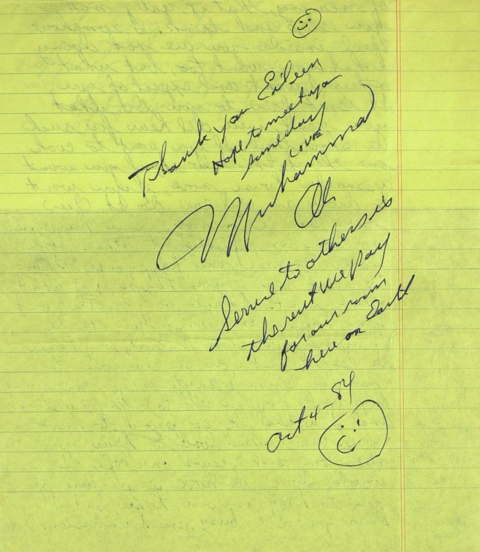 Hvywgt Champ MUHAMMAD ALI - Autograph Ltr Signed: Muhammad Ali. 8 ½” x 11” autograph letter signed on yellow lined paper on the reverse side of a letter to Ali. “Thank you Eileen Hope to meet you some day LOVE Muhammad Ali Service to others is