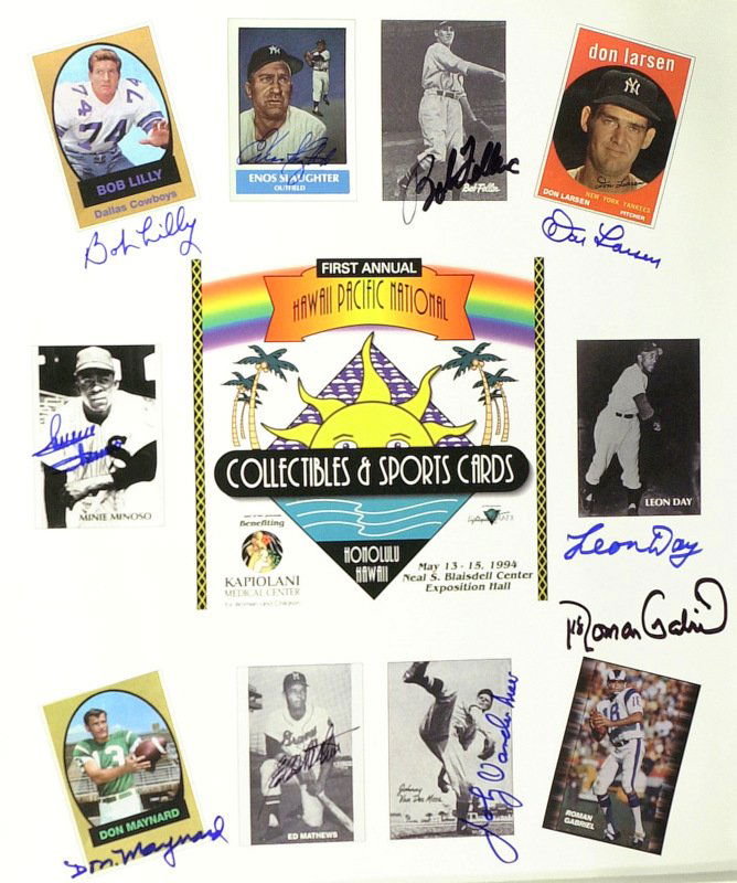 1994 Poster Signed By 10 - Incl LEON DAY, FELLER: 1994 Hawaii Pacific National. 15” x 18” color poster from this event featuring ten trading card images of the attendees at the show, signed by each. Signers are: Leon Day, Bob Feller, Roman Gabrie