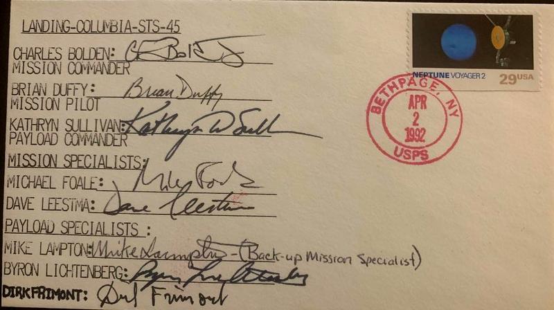 Columbia STS-45 Signed Envelope: Signed envelope postmarked April, 2, 1992 by the entire crew of the Space Shuttle Columbia mission 45. Signatures include: Charles Bolden, Brian Duffy, Kathryn D. Sullivan, David Leestma, Michael Foal
