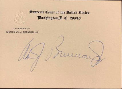 Brennan,William Signed Chambers Card: William Joseph Brennan Jr. (1906 to 1997) was an American lawyer and jurist who served as an Associate Justice of the Supreme Court of the United States from 1956 to 1990.