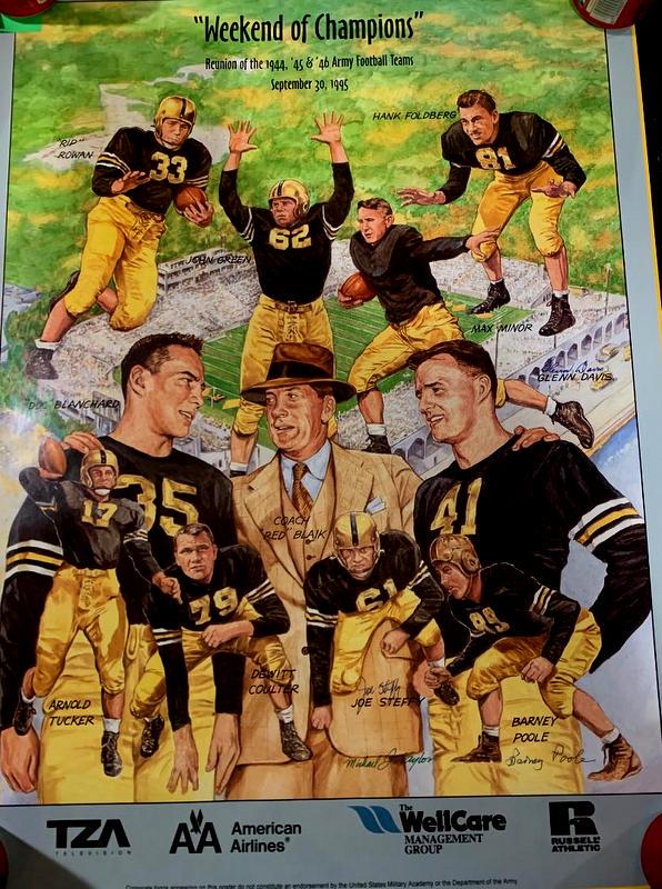Army Black Knights Reunion Poster Signed by (4) inc Glenn Davis: 24” x 18” Reunion poster for the 1944, 1945 and 1946 famed Army Black Knights teams. Poster is dated Sept 30, 1995 and has been signed by: Glenn Davis, Joe Steffy, Michael Taylor and Barne
