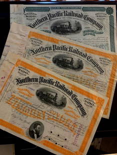 BOUVIER Family - 3 Stock Certificates: (Jacqueline Bouvier Kennedy) Three stock certificates, issued to and signed by members of her family: her great grandfather, John Vernon Bouvier (1823-1926), Northern Pacific Railroad Company, signed