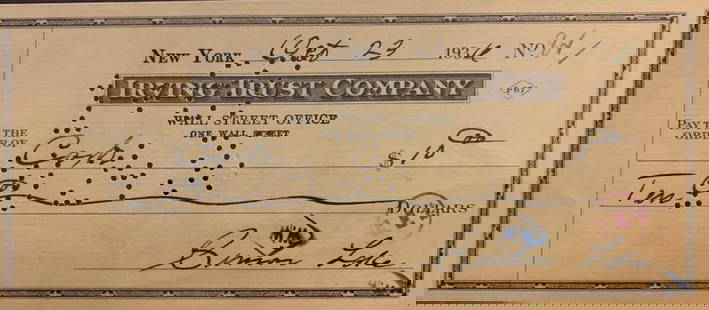 Lake,Simon Signed Check: Simon Lake (September 4, 1866–1945) was a Quaker American mechanical engineer and naval architect who obtained over two hundred patents for advances in naval design and competed with John Philip