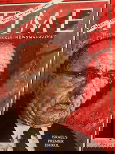 Eshkol, Levi 3rd Prime Minister of Isreal Signed Time Magazine Cover: Levi Eshkol (1895 –1969), born was an Israeli statesman who served as the third Prime Minister of Israel from 1963 until his death from a heart attack in 1969. Signed Time Magazine cover dated