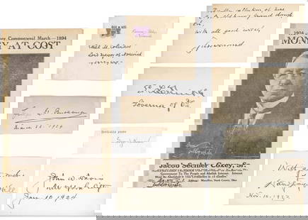 LOT OF 8 POLITICAL FIGURES’ AUTOGRAPHS: Sir George W. Buchanan (1854-1924), Ethel M. Coleman, Jacob S.Coxey, Sr. (1854-1951), John W.Davis (1873 - 1955), David Jayne Hill (1850–1932), Jean Jules Jusserand (1855 - 1932) George Kennan