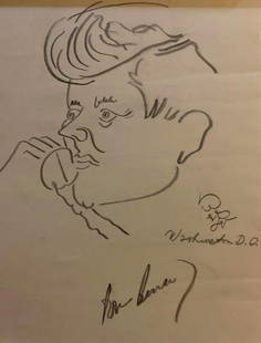 Kennedy, John F. - Orig Sketch Signed: John F. Kennedy (1917-1963) 35th President. 12” x 13” Original pencil sketch of JFK by caricaturist and cartoonist Oscar Berger (1901-1997) signed by Kennedy and Berger, Washington, D.C.