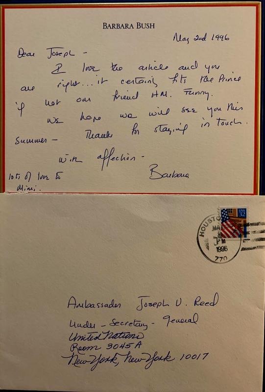 Bush,Barbara ALS: Barbara Pierce Bush (1925–2018) was the first lady of the United States from 1989 to 1993, as the wife of President George H. W. Bush. ALS dated May 2, 1996 to Joseph. Measures 7.5”x6”.