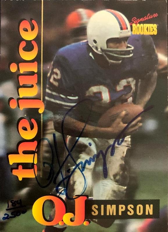 Simpson,OJ Signed Football Card: Orenthal James Simpson (1947) is an American former football running back, actor, and broadcaster. He played in the National Football League (NFL) for 11 seasons, primarily with the Buffalo Bills, and