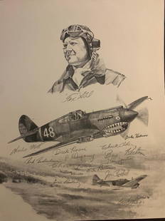 Aviation Art: Hill, Tex Signed Etching w/(12) Others: Aviation Art :David Lee "Tex" Hill (1915–2007) was an American fighter pilot and triple flying ace. He is credited with 12+1??4 victories as a squadron leader with the Flying Tigers and another six