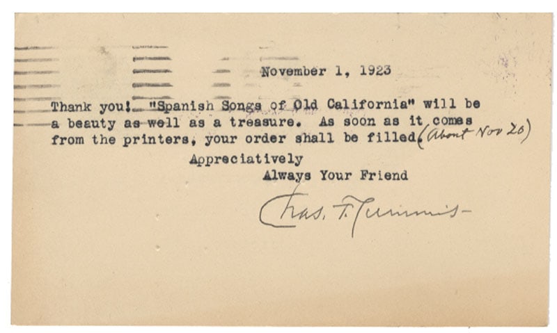 Lummis, Charles Signed Post Card (1 of 1)