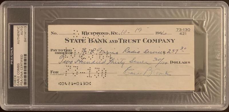Combs,Earl Signed and Encapsulated Check: Earle Bryan Combs (1899 –1976) was an American professional baseball player who played his entire career for the New York Yankees (1924–1935). Combs batted leadoff and played center field on the Y