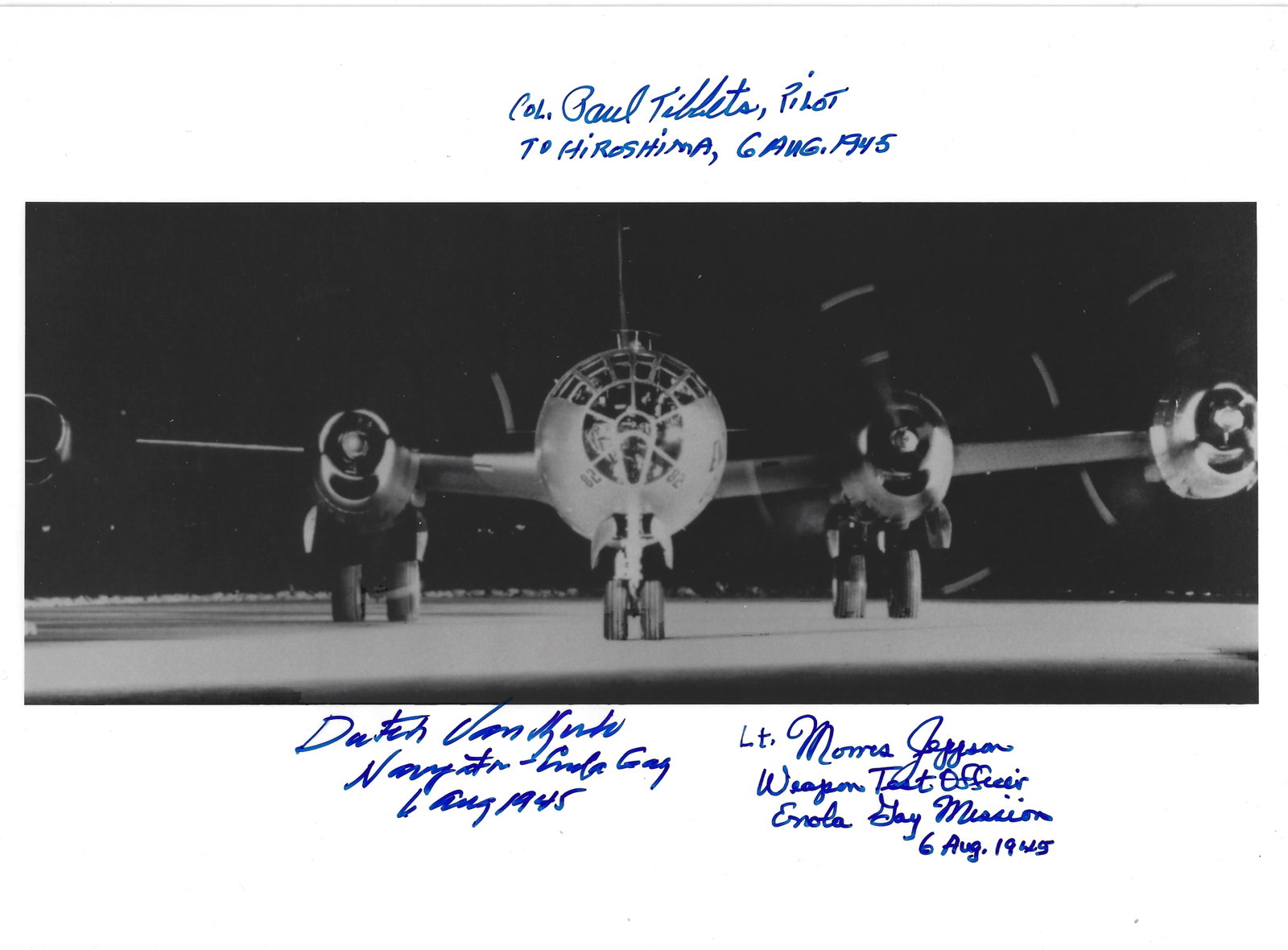 Enola Gay Photo Moments Before Take Off Signed by (3): Atomic Bomb : 8"x10", image size slightly smaller approximately 4"x9", of possibly the last photograph of the Enola Gay as It is taking off for Hiroshima, August 6 th 1945 approximately 3:00 a.m. Tini
