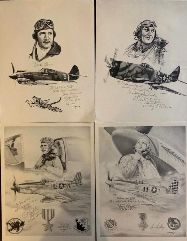 Aviation Art (4) Signed Etchings: Aviation Art: (4) 14 x 11 signed etchings by World War 11 Heroes: Francis Stanley "Gabby" Gabreski (1919 –2002) Fighter Pilot who had an astounding 34 kills during WWII (To Debra and Bill Best Wishe