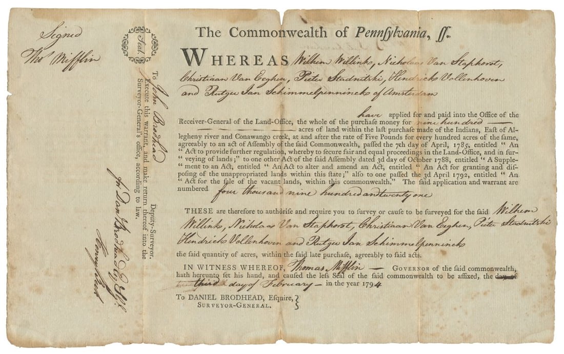 Land Warrant Purchases Indian Land Rare Document (1 of 1)