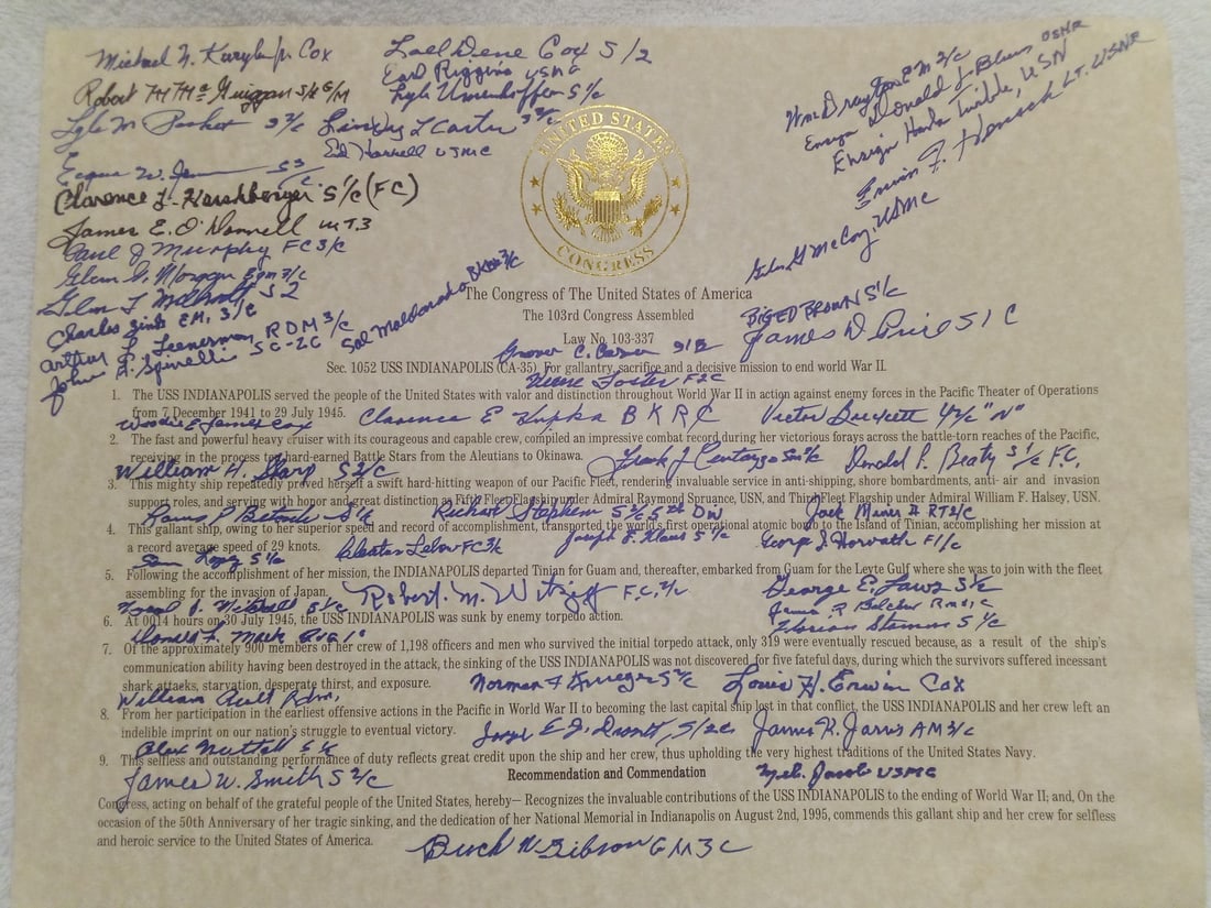 EXTREMELY RARE Document Signed by (55) Survivors of USS Indianapolis (1 of 1)