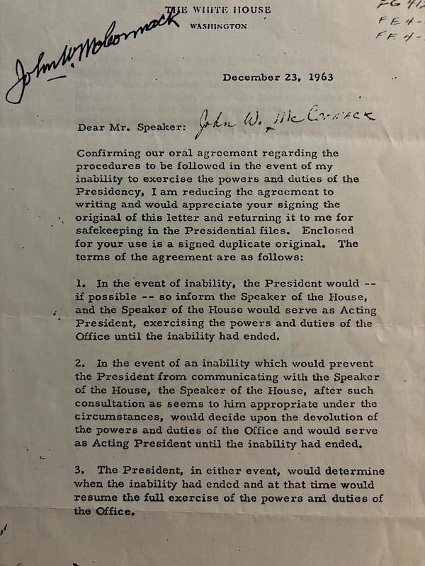 Copy of Letter from Lyndon Johnson to Speaker McCormick Signed by McCormick (1 of 2)