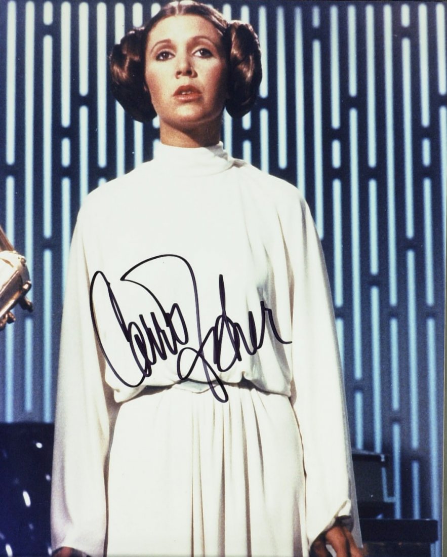 Photos Signed: FISHER, RICHARDS, ROBERTS, TURNER: Actresses III. Four 8” x 10” color photographs signed by actresses: Carrie Fisher (1956- ) Fisher is best known for her portrayal of Princess Leia in the original Star Wars trilogy, Denise Richard