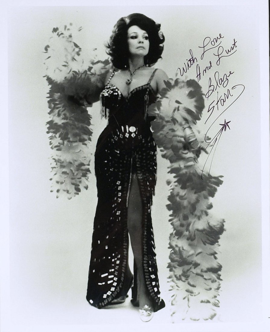 Stripper BLAZE STARR - Photo Signed: Blaze Starr (1932- ) Stripper. Starr was a stripper and burlesque star. Her vivacious presence and inventive use of stage props earned her the nickname "The Hottest Blaze in Burlesque". She was also k