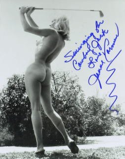 Model, Golfer JEANNE CARMEN - Nude Photo Signed: Jeanne Carmen (1930-2007) Model, actress, trick-shot golfer. Carmen discovered she had a natural talent for the game of golf and made much money hustling on the links. In the early 1950s she turned he
