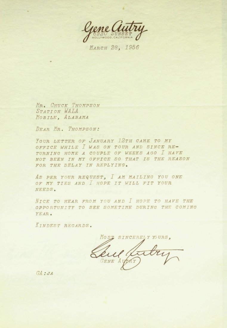 Cowboy Actor GENE AUTRY - Typed Ltr Signed: Gene Autry. 7 ¼” x 10 ½” typed letter signed, personal stationery, March 28, 1956, to Chuck Thompson. “…I am mailing you one of my ties and I hope it will fit your needs….” Also includes