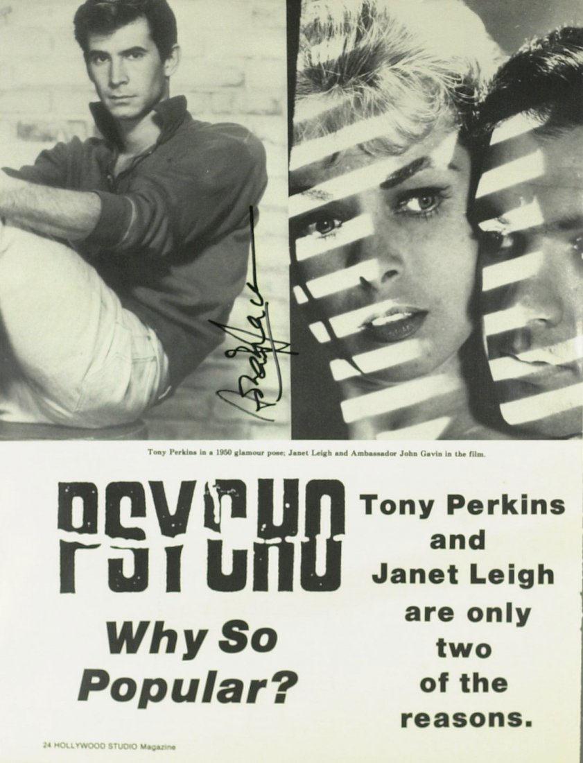 Psycho Actor ANTHONY PERKINS - Movie Flyer Signed: Anthony Perkins (1932-1992) Actor. Perkins was best known for his role as Norman Bates in Alfred Hitchcock's Psycho and its three sequels. 8 ½” x 11” page from Hollywood Studio Magazine with a ph