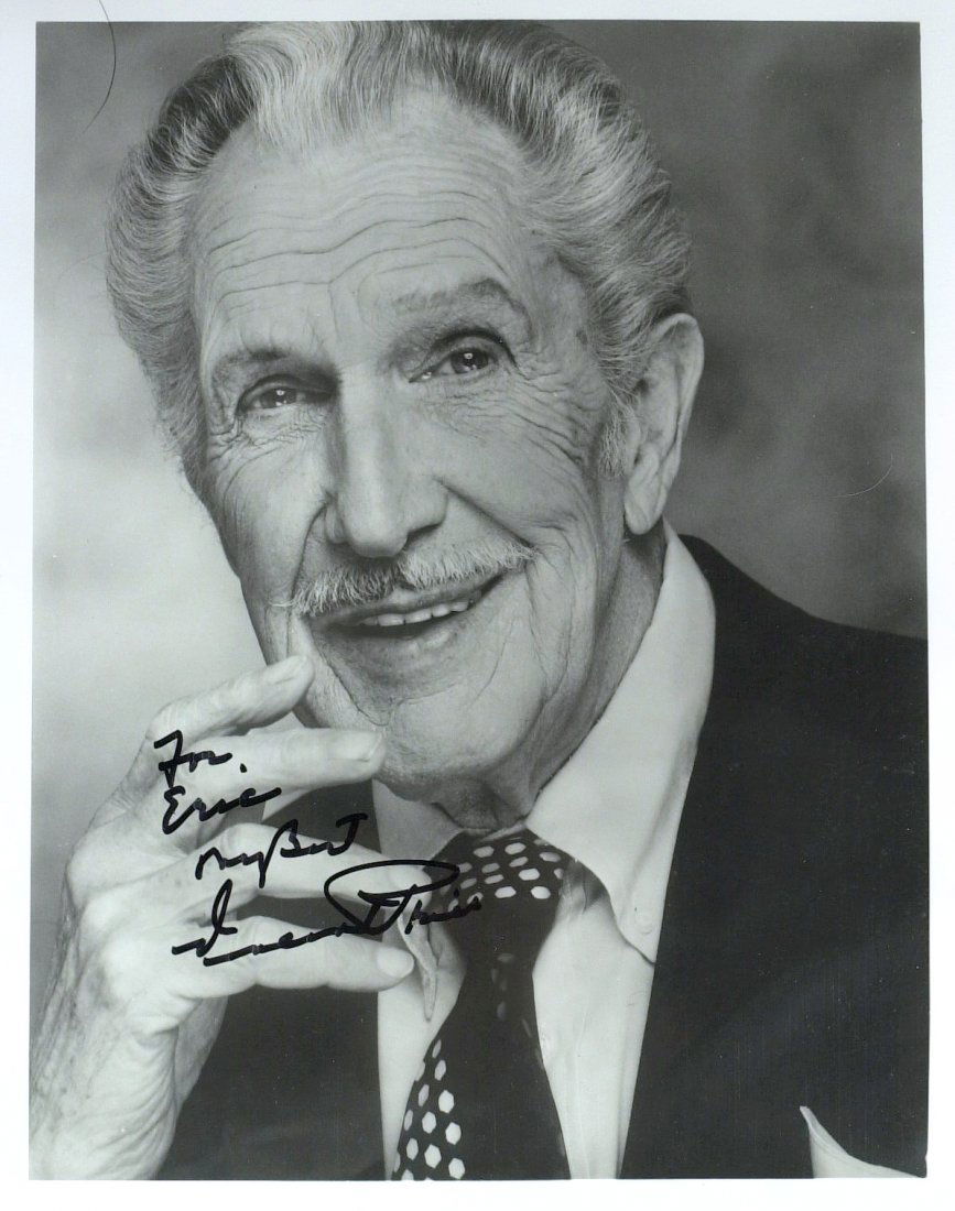 Horror Actor VINCENT PRICE - Photo Signed: Vincent Price (1911-1993) Actor. Price came to be identified with gothic horror and crazed villainy through a series of leading film roles in the 1960s that were based on such Edgar Allan Poe poems an
