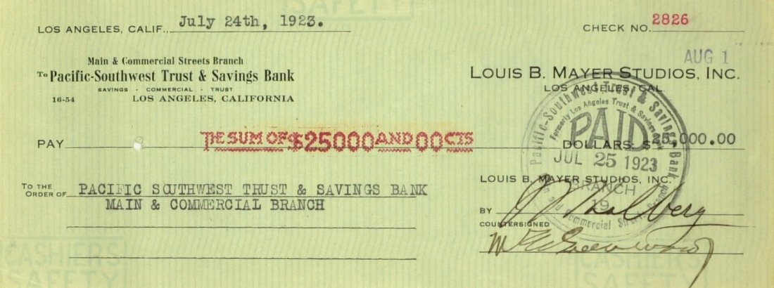 Film Producer IRVING THALBERG - Check Signed: Irving Thalberg (1899-1936) Film producer. Thalberg was hired by MGM as head of production in 1925, he became known as the “boy wonder of Hollywood.” He tightly controlled MGM's output by supervis