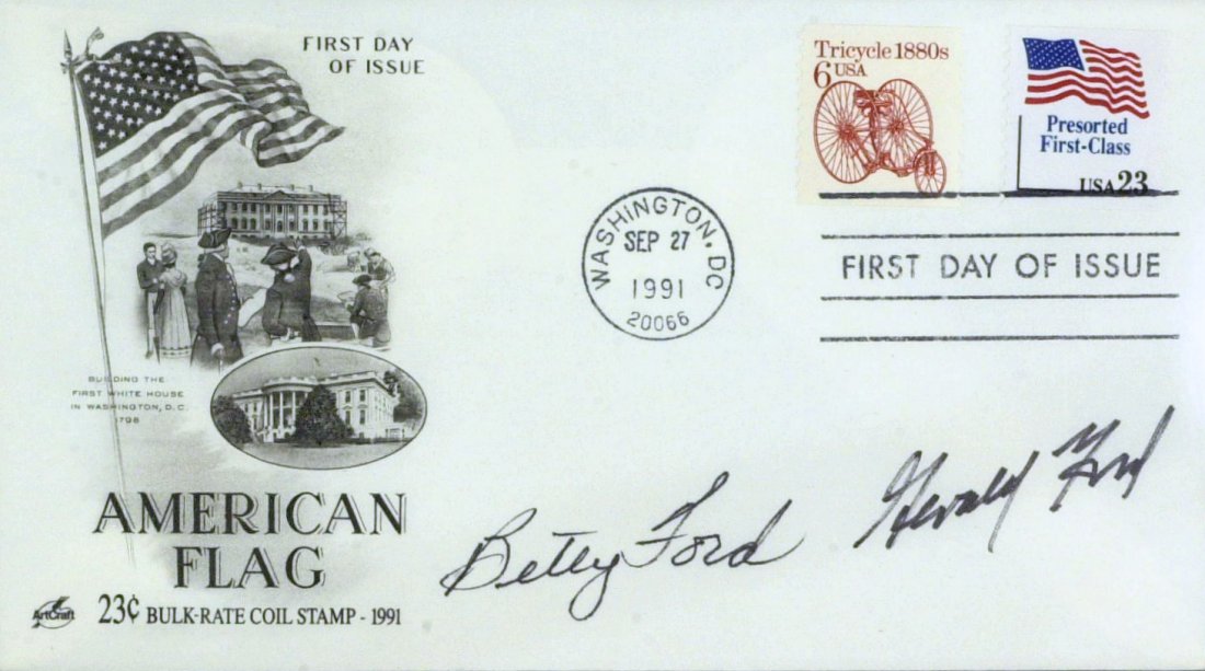 GERALD R and BETTY FORD - Postal Cover Signed: Gerald R. Ford and Betty Ford. First day of issue postal cover with the American Flag cachet and stamp signed by both.