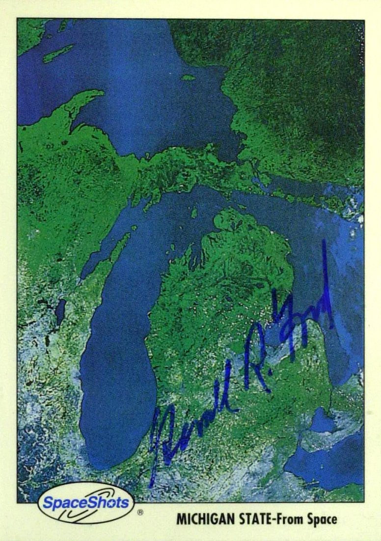GERALD R FORD - SpaceShots Card of Michigan Signed: Gerald R. Ford. 2 ½” x 3 ½” SpaceShots trading card with an image of Michigan from space, signed.