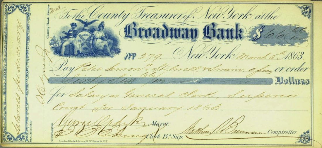 NYC Mayor GEORGE OPDYKE - Check Signed: George Opdyke (1805-1880) Mayor of New York. Opdyke served during the American Civil War. As mayor, he recruited and equipped troops for the war and responded to draft riots. His company was the large