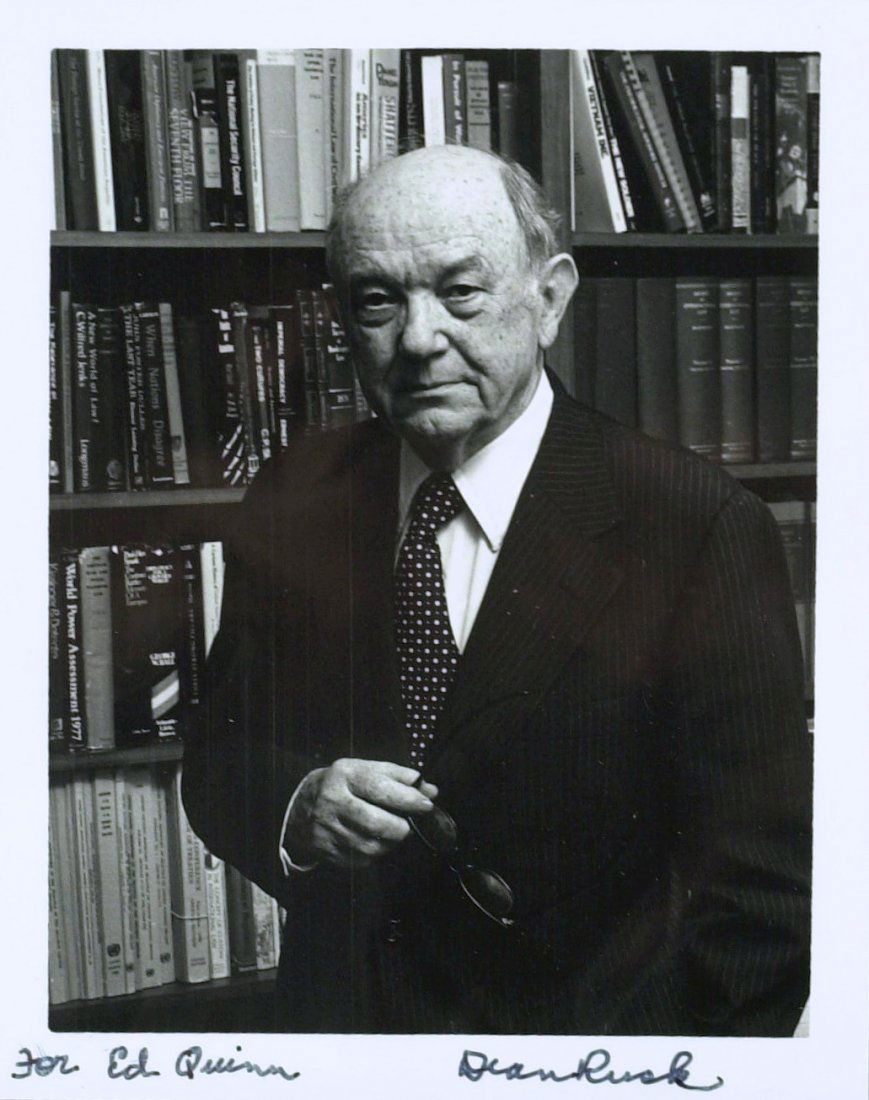 Secy of State DEAN RUSK - Photo Signed: Dean Rusk (1909-1994) Statesman. Rusk was the Secretary of State from 1961 to 1969 under presidents John F. Kennedy and Lyndon B. Johnson. 4” x 5” black and white photograph signed, “For Ed Quin