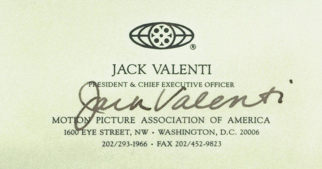 LBJ Aide JACK VALENTI - Business Card Signed: Jack Valenti (1921-2007) Motion Picture executive, political aide. Valenti was a longtime president of the Motion Picture Association of America. He served as liaison with the news media during the No