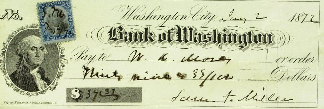 Supreme Crt Justice SAMUEL MILLER - Check Signed: Samuel F. Miller (1816-1890) Jurist. Miller supported Abraham Lincoln in the 1860 election. Lincoln nominated Miller to the Supreme Court on July 16, 1862, after the beginning of the American Civil Wa
