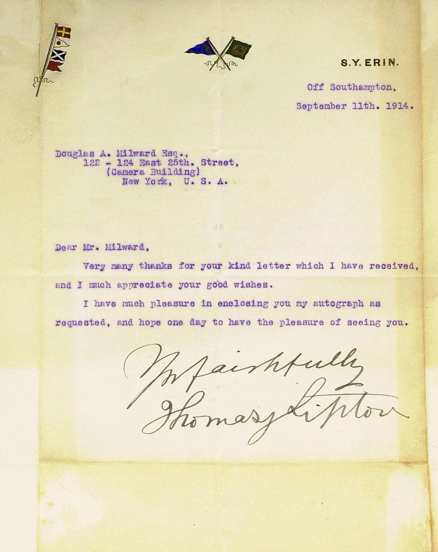 Scottish Tea Merchant THOMAS LIPTON - ALS: Thomas Lipton (1848-1931) Scottish merchant. Lipton was a self-made man, merchant, and yachtsman. He created the Lipton tea brand and was the most persistent challenger in the history of the America's