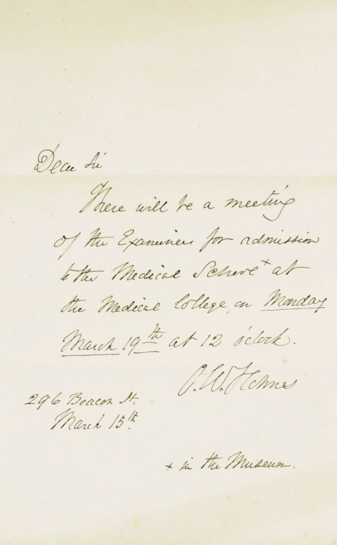 Poet OLIVER WENDELL HOLMES - Autograph Ltr Signed: Oliver Wendell Holmes (1809-1893) Physician, poet. Holmes joined the Harvard faculty in 1847 and later became dean of its medical school. He won national acclaim with his poem Old Ironsides. From 1857